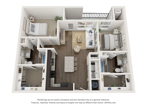 Floor plan for 2 beds, 2 baths, 1012 sqft